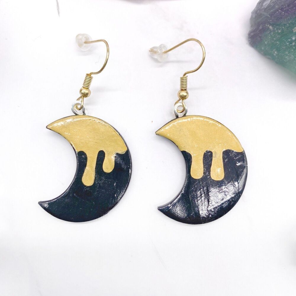 Black and Gold Drippy Moon Wire Hook Dangle Earrings - Picture 8 of 10